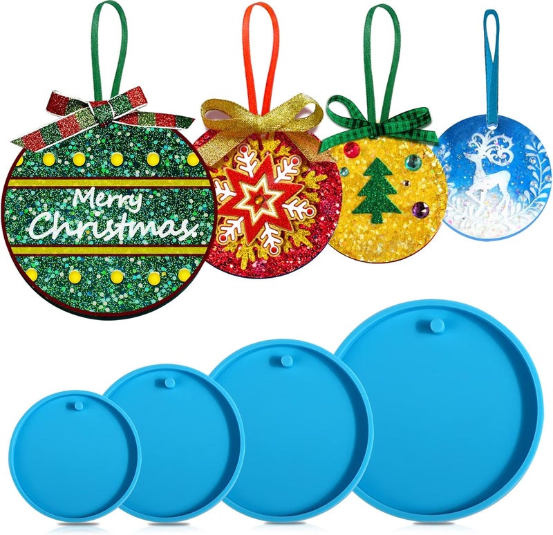Juome Christmas Ornaments Resin Molds Silicone, 4 Pcs Round Shape Pendant Christmas Molds for Epoxy Resin, DIY Crafts Keychain Making Christmas Tree Decorations - Image 1